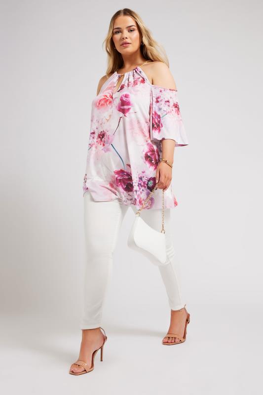 YOURS LONDON Plus Size Pink Floral Print Chain Cold Shoulder Top | Yours Clothing 3