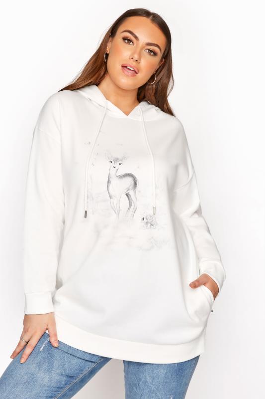 Plus Size  Ivory Deer Print Hoodie
