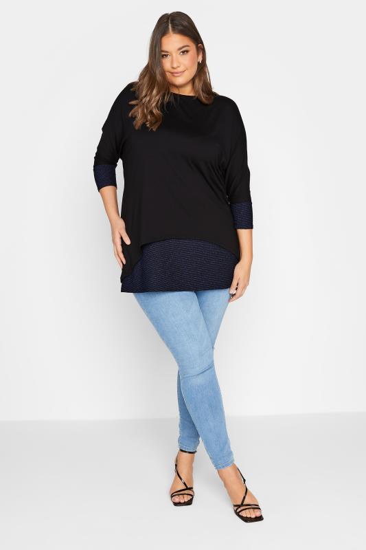 YOURS Curve Plus Size Black & Navy Blue Glitter Soft Touch Layered Blouse | Yours Clothing  2