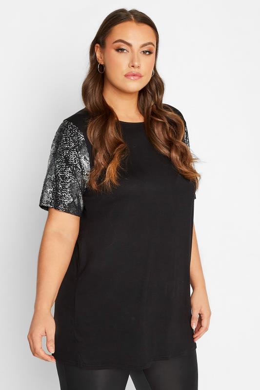 LIMITED COLLECTION Plus Size Black Snake Print Sleeve T-Shirt | Yours Clothing 1