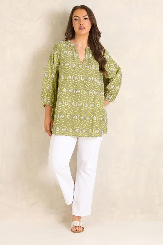 EVANS Plus Size Chartreuse Green Cotton Broderie Blouse | Evans 1
