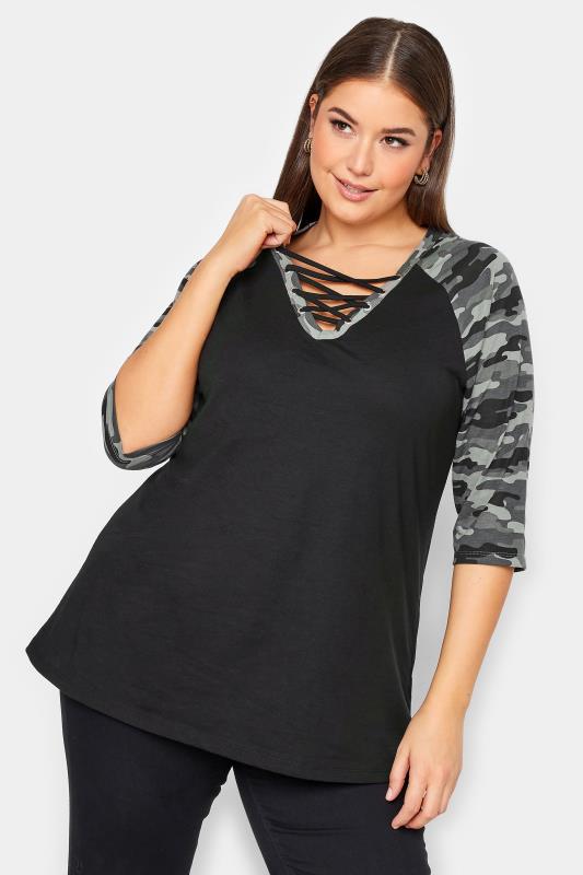 YOURS Plus Size Black Camo Print Lace Up Eyelet Top | Yours Clothing 1