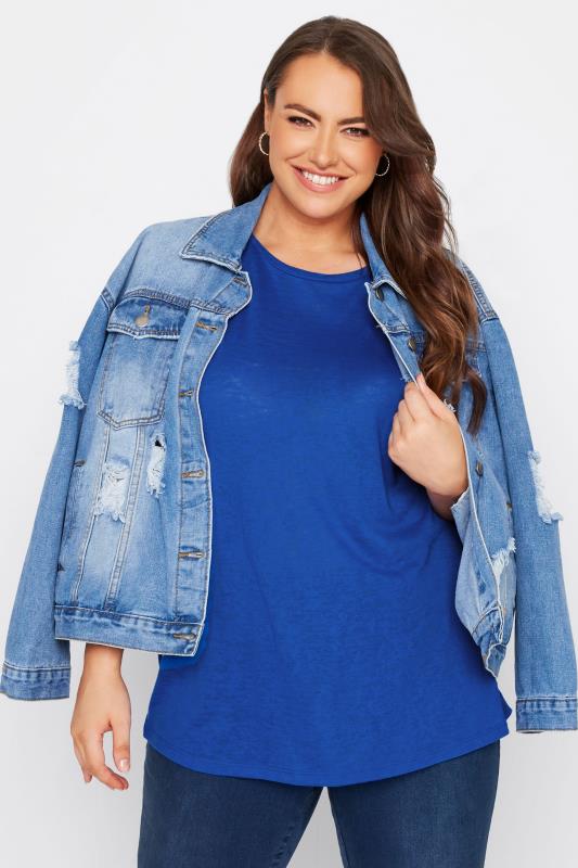 Plus Size Blue Burnout Grown On Sleeve T-Shirt | Yours Clothing 2