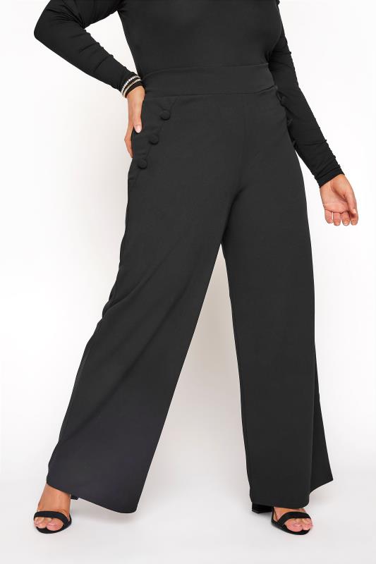  dla puszystych YOURS LONDON Curve Black Button Crepe Wide Leg Trousers