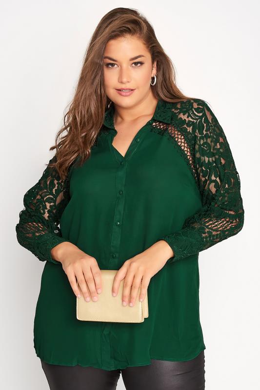  Grande Taille YOURS LONDON Curve Green Lace Sleeve Shirt
