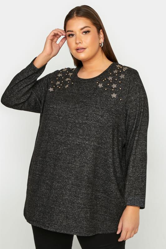 Plus Size Curve Grey Star Embellished Jumper | Yours Clothing  1