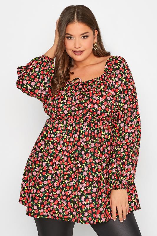 LIMITED COLLECTION Plus Size Black & Pink Floral Gypsy Blouse | Yours Clothing 1