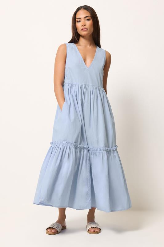PixieGirl Petite Women's Light Blue Cotton Frill Tiered Midi Dress | PixieGirl 7