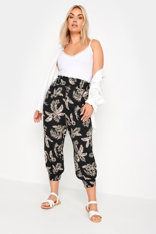 YOURS Plus Size Black Leaf Print Shirred Harem Trousers | Yours Clothing 2