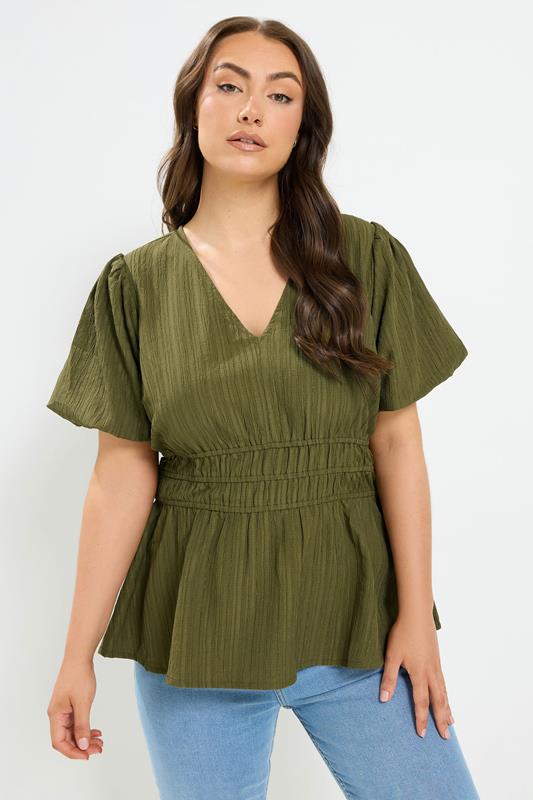 YOURS Plus Size Khaki Green Puff Sleeve Blouse | Yours Clothing 1