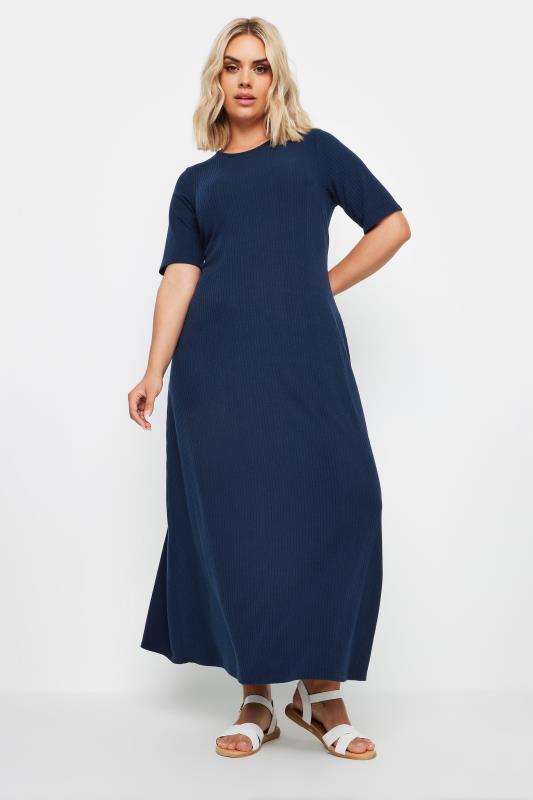 YOURS Plus Size Navy Blue Ribbed Swing Maxi Dress | Yours Clothing 2