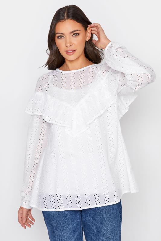 LTS Tall White Broderie Anglaise Ruffle Top 1