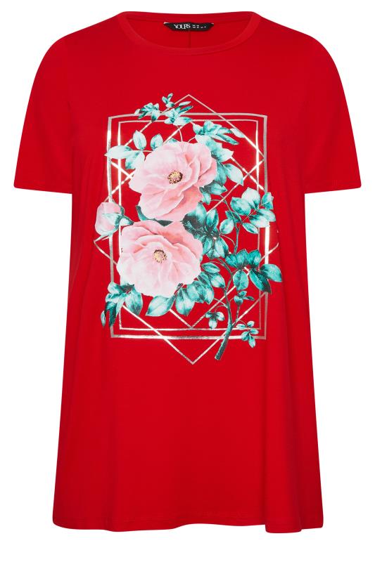 YOURS Curve Plus Size Red Floral Foil Print T-Shirt | Yours Clothing  6