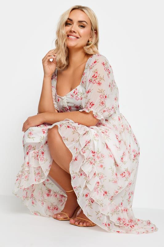 LIMITED COLLECTION Plus Size White Floral Print Dipped Hem Midi Dress | Yours Clothing 8