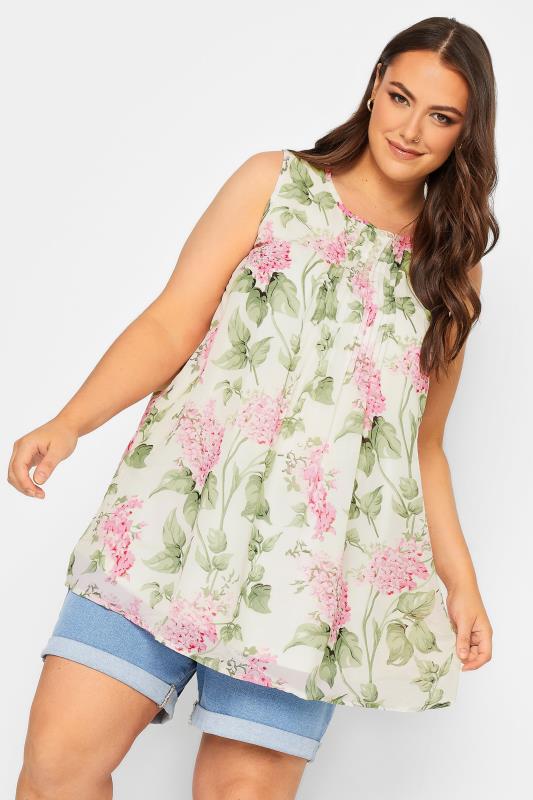 YOURS Curve Plus Size White & Pink Floral Pintuck Sleeveless Blouse