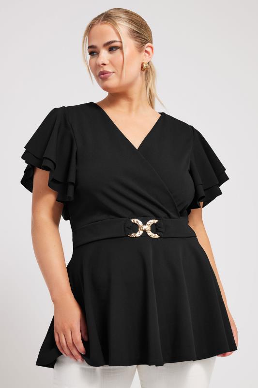 YOURS LONDON Plus Size Black Buckle Detail Peplum Top | Yours Clothing 1