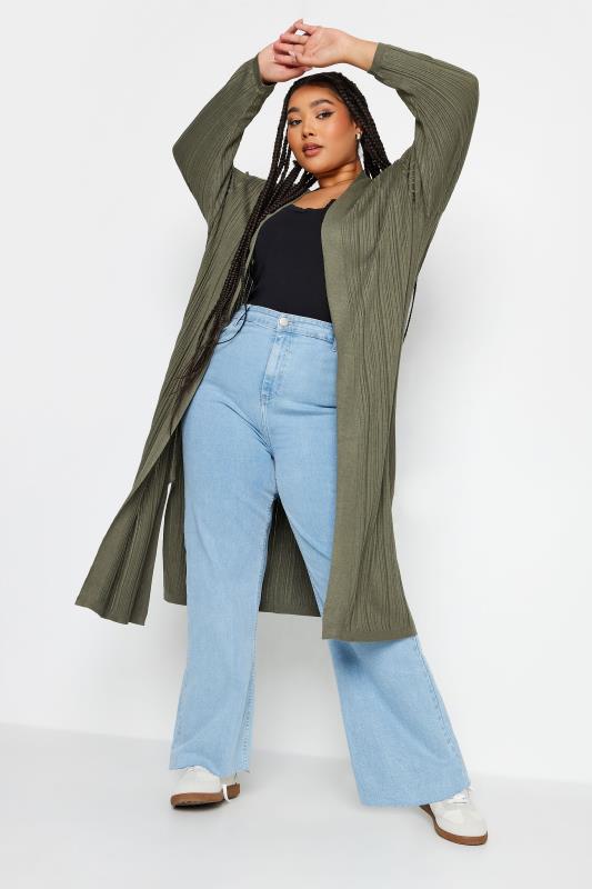  Grande Taille YOURS Curve Khaki Green Longline Ribbed Cardigan