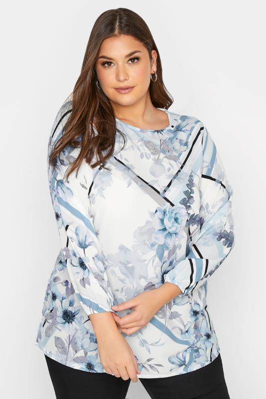 YOURS LONDON Plus Size White & Blue Floral Scarf Print Blouse | Yours Clothing 1