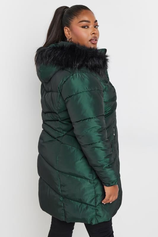 Dark green faux fur trim hooded puffer jacket best sale