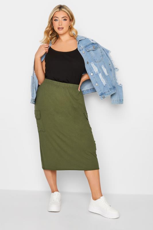 Yours Curve Plus Size Khaki Green Midi Cargo Skirt | Yours Clothing  2