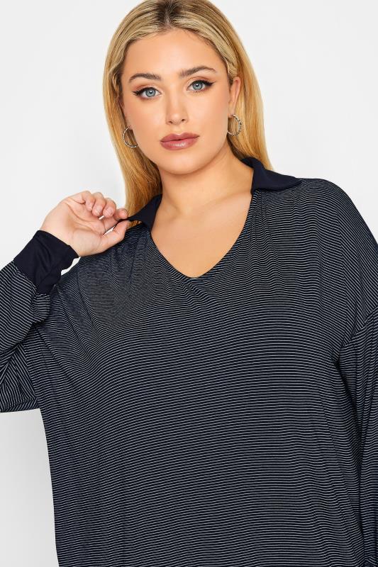 YOURS Plus Size Curve Blue & Black Stripe Polo Neck Top | Yours Clothing  4