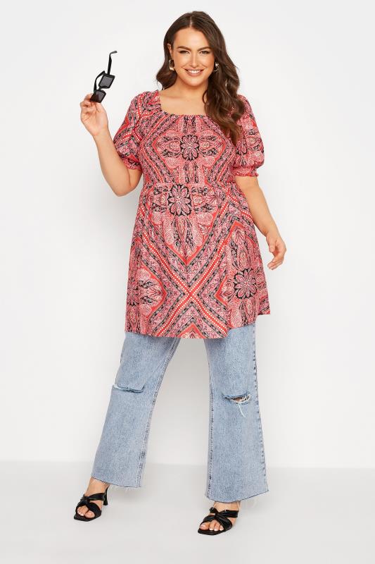 Plus Size Pink Paisley Print Square Neck Shirred Top | Yours Clothing 3