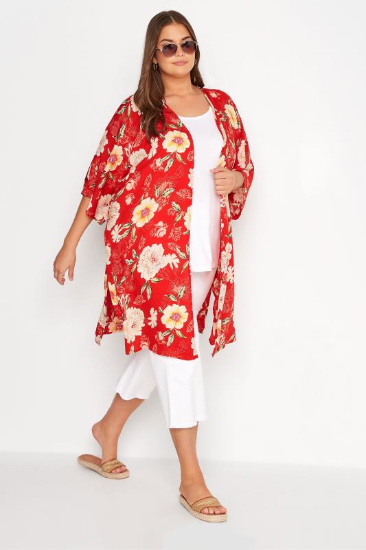 Plus Size Red Floral Print Longline Kimono Cardigan | Yours Clothing  2