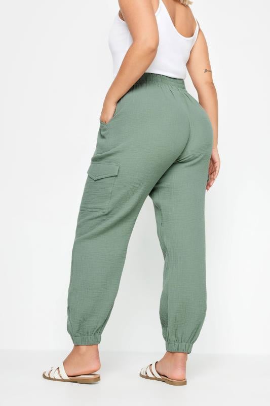 YOURS Plus Size Sage Green Cheesecloth Cuffed Joggers | Yours Clothing 3