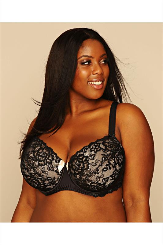 Black And Nude Underwired Bra With Floral Lace Detail Yours Clothing 