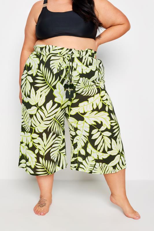 YOURS Plus Size Black & Green Leaf Print Culottes | Yours Clothing 1