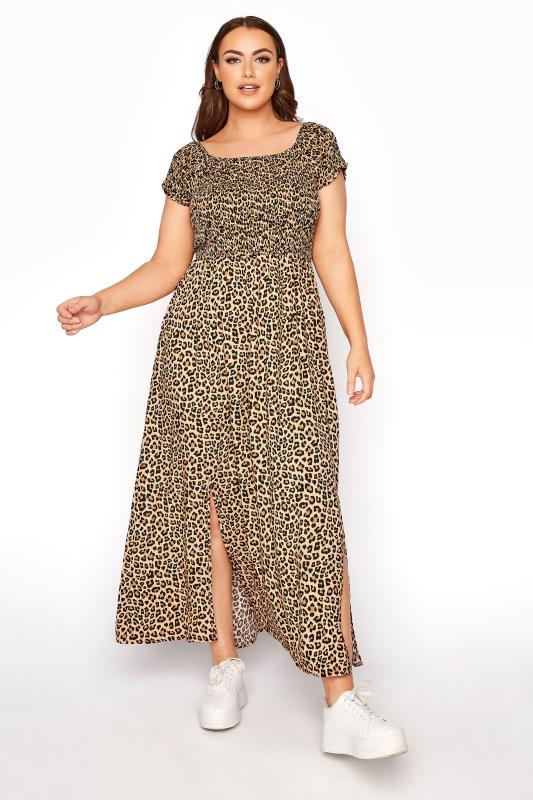  Grande Taille Natural Leopard Print Bardot Maxi Dress