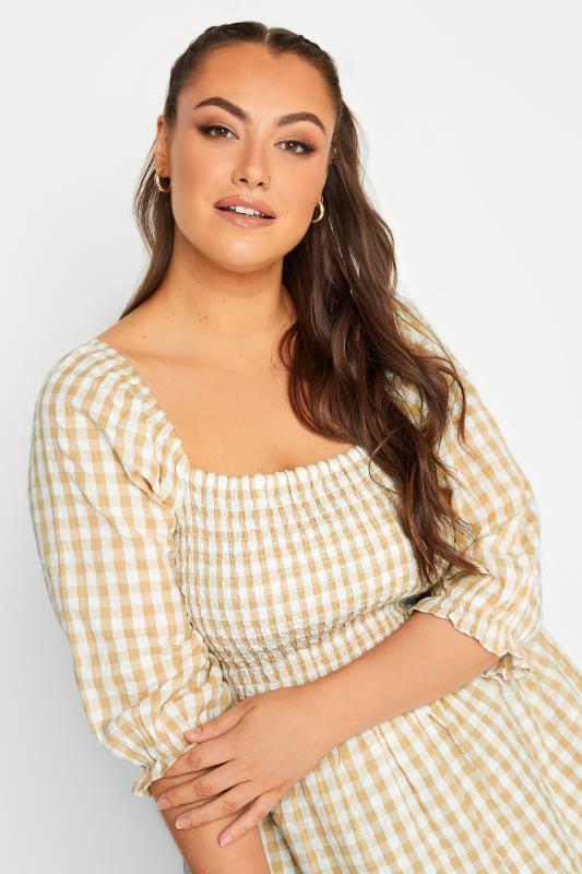YOURS Curve Natural Brown Gingham Print Square Neck Shirred Top | Yours Clothing 4