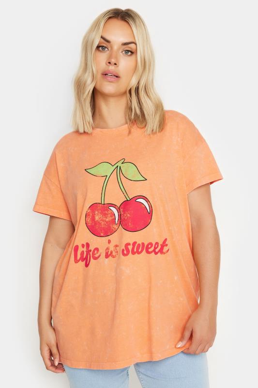  Tallas Grandes YOURS Curve Orange 'Life Is Sweet' Cherry Print T-Shirt