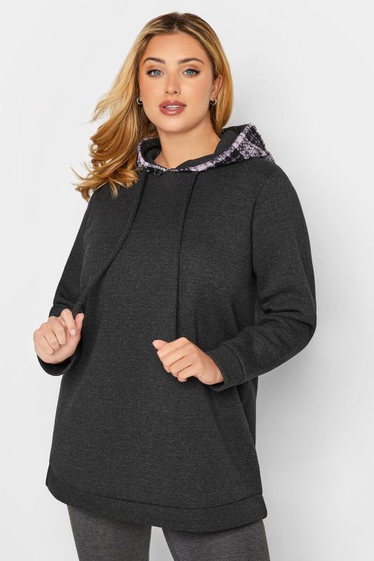 Plus Size Charcoal Grey & Purple Check Hoodie | Yours Clothing  1