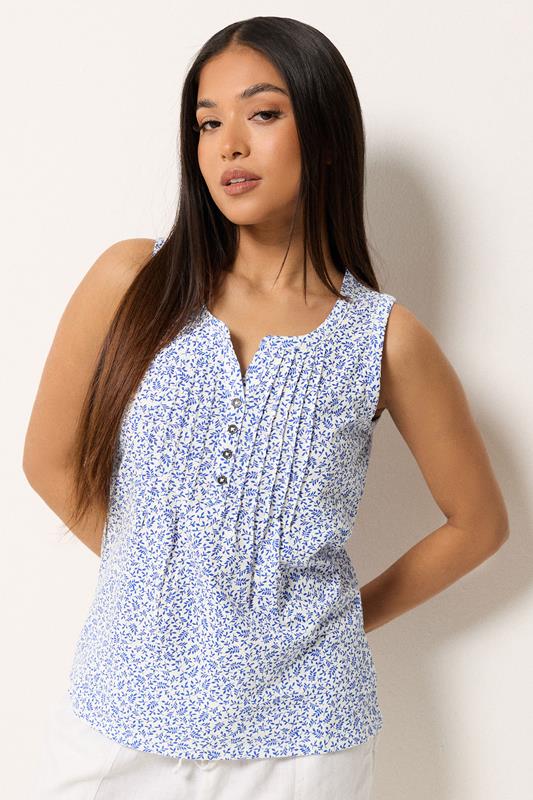 M&Co Petite Blue Leaf Print Cotton Sleeveless Henley Top