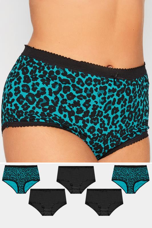 Plus Size 5 PACK Black & Teal Blue Animal Print Full Briefs | Yours Clothing  1