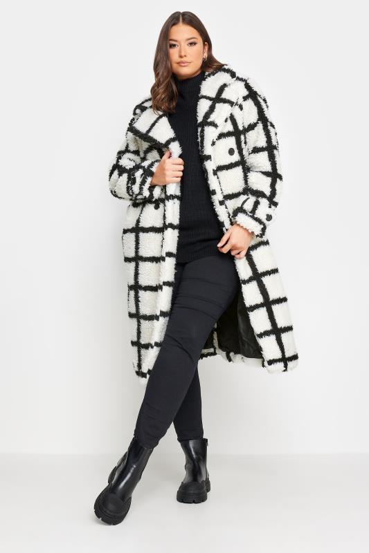 YOURS Curve White & Black Check Teddy Maxi Coat | Yours Clothing 1