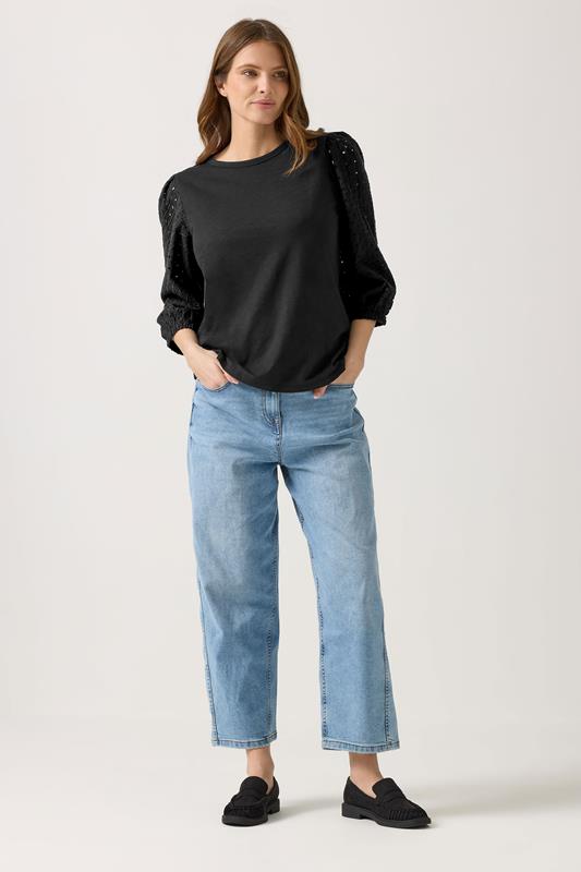 M&Co Black Broderie Cotton Puff Sleeve Top | M&Co 1