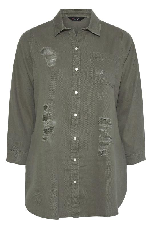 Curve Khaki Green Long Sleeve Distressed Denim Shirt 7