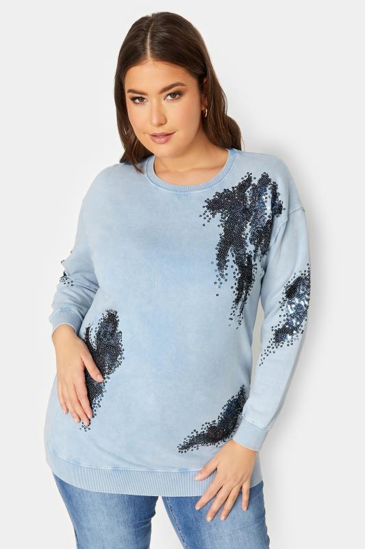 YOURS LUXURY Plus Size Light Blue Acid Wash Sequin Sweatshirt | Yours Clothing  1