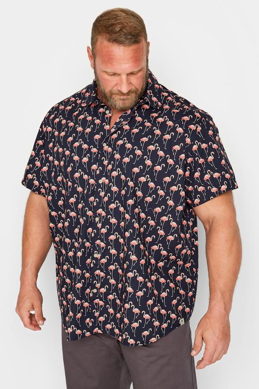 JACK & JONES Big & Tall Plus Size Navy Blue Flamingo Print Short Sleeve Shirt | BadRhino  1