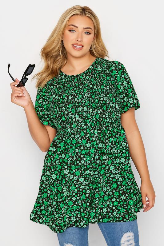 Plus Size Black & Green Ditsy Print Shirred Smock Top | Yours Clothing 1