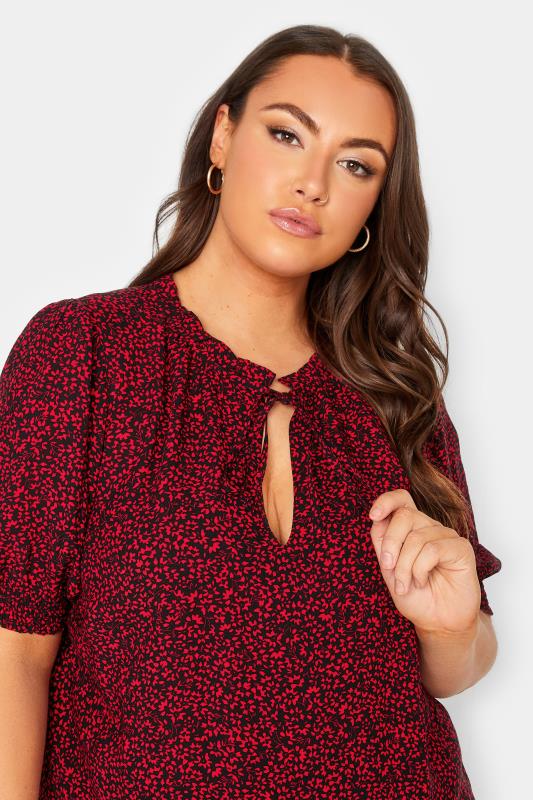 YOURS Plus Size Black & Red Floral Print Tie Neck Blouse | Yours Clothing 4