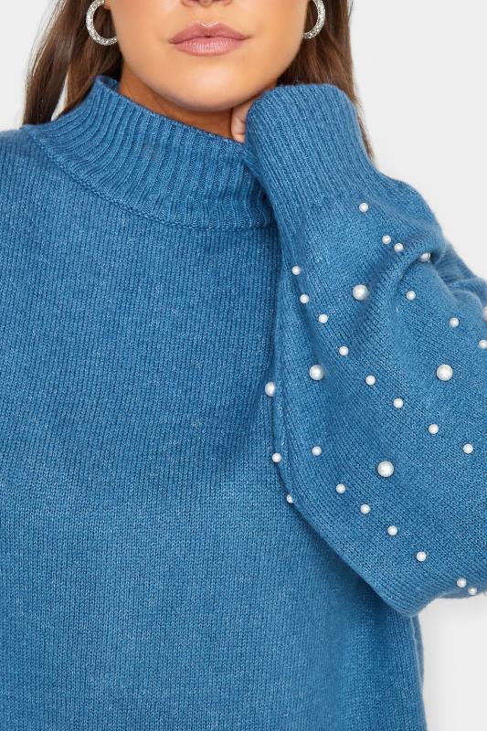 YOURS LUXURY Plus Size Blue Pearl Embellished Batwing Jumper | Yours Clothing 5