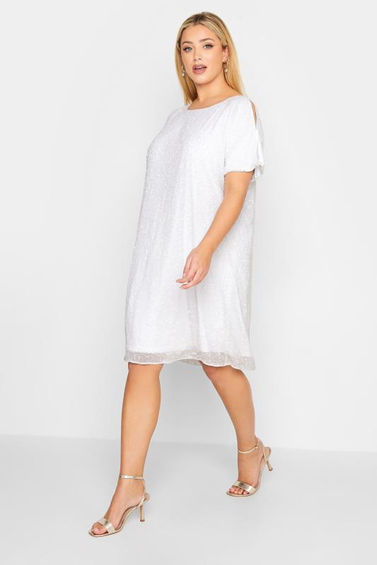 LUXE Plus Size White Sequin Hand Embellished Cape Dress | Yours Clothing 1