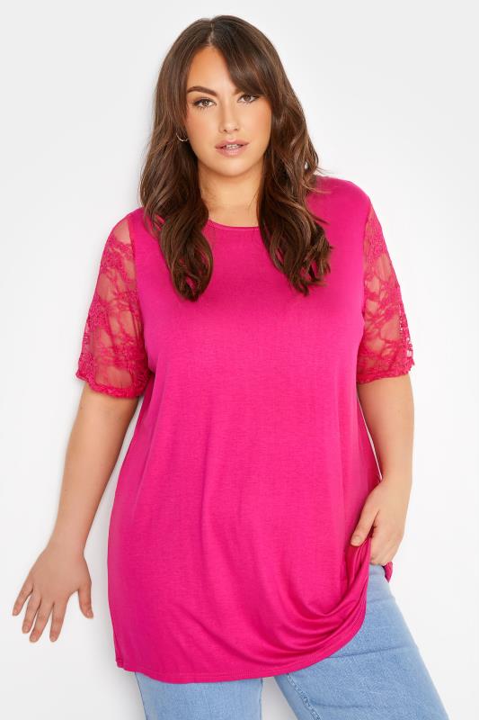 Plus Size  LIMITED COLLECTION Curve Hot Pink Lace Sleeve T-Shirt