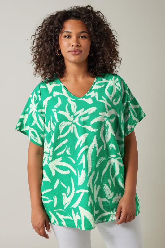 EVANS Plus Size Green Abstract Print Angel Sleeve Top | Evans 1