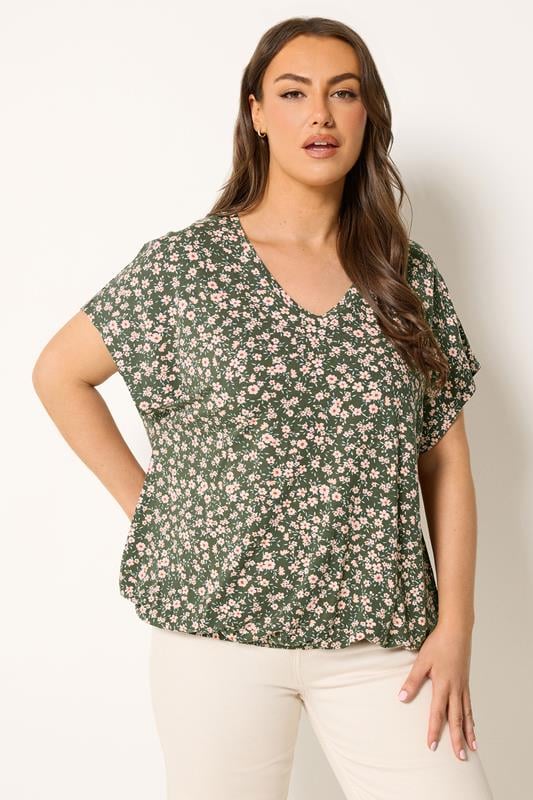  YOURS Curve Green Floral Elasticated Hem T-Shirt