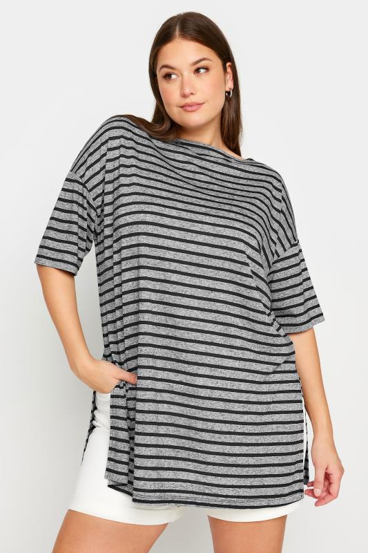 YOURS Plus Size Grey Stripe Oversized Linen T-Shirt | Yours Clothing 1
