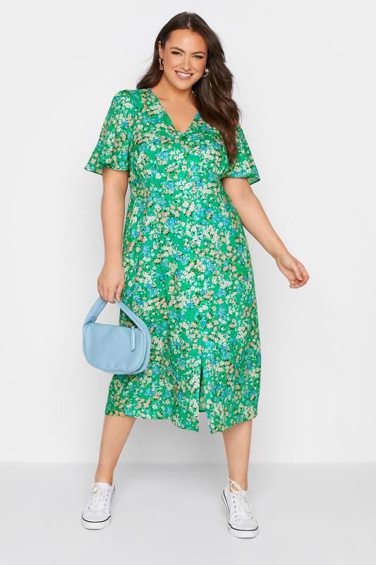 Plus Size  YOURS LONDON Curve Green Floral Print Button Through Tea Dress